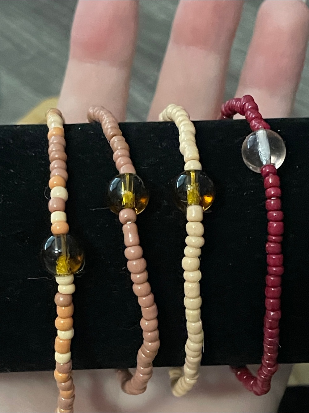 Thanksgiving Fall4 Seed Beaded Stackable Bracelets - Brown Tone Cream & Burgundy